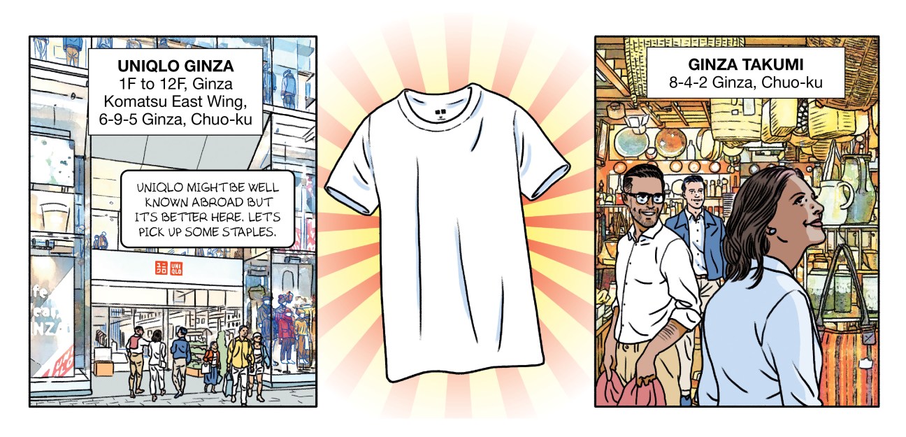 A comic book illustration of people shopping in Uniqlo and Takumi in the Ginza district of Tokyo.