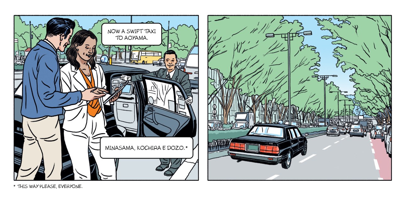 A comic book illustration of people taking a taxi journey through Tokyo.
