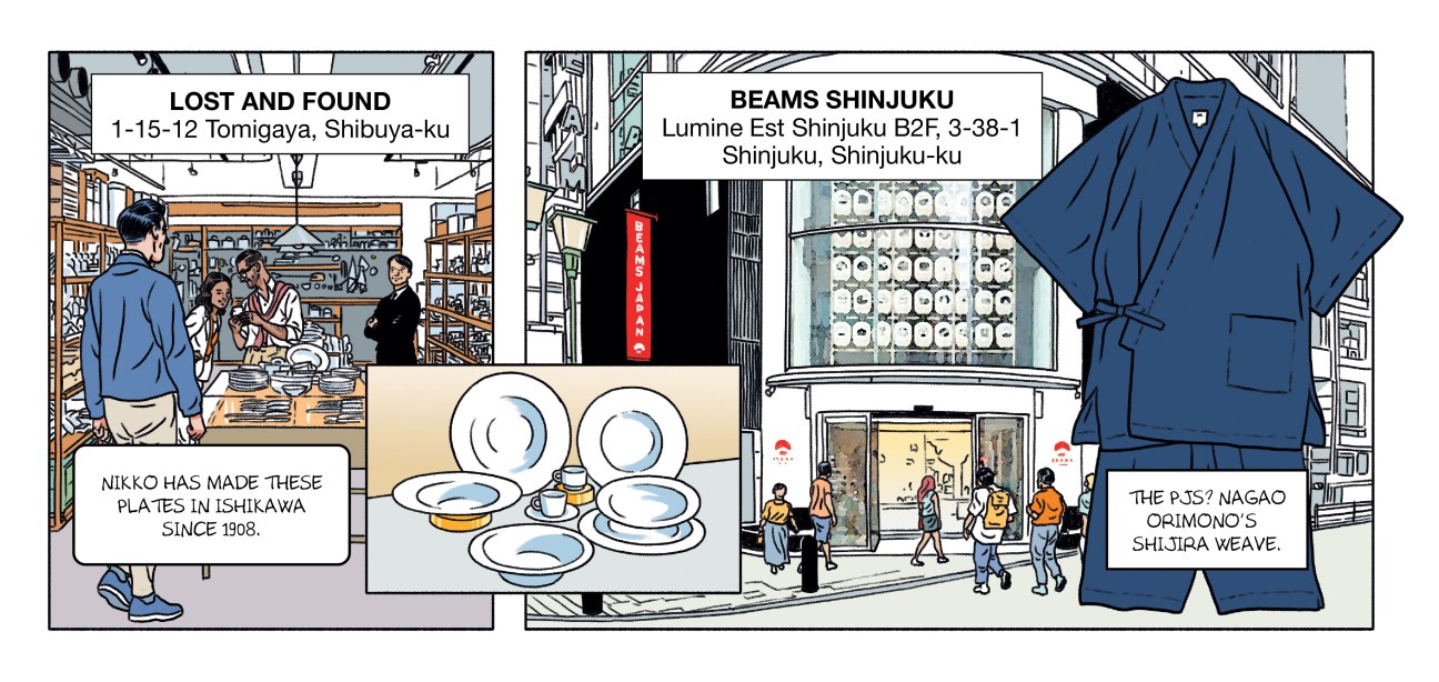 A comic book strip of a visit to the Lost and Found store, and the Beams Shinjuku store.