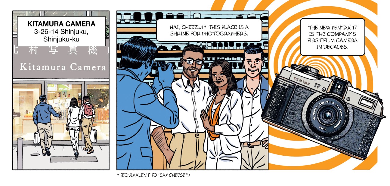 A comic book strip of a visit to the Kitamura camera store in Tokyo.