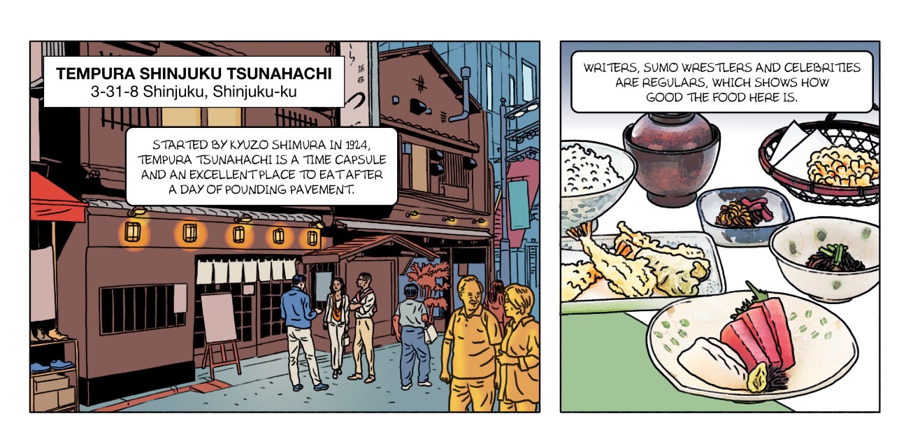 A comic book strip of a visit to the Tempura Shinkuku restaurant.