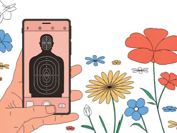 An illustration of a mobile phone pointed at a flower garden.