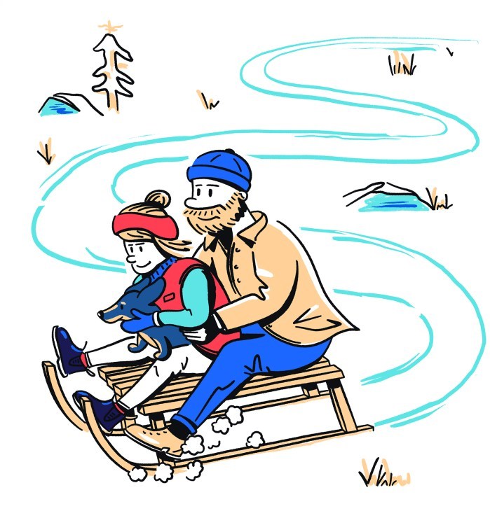 An illustration of a man and child on a sleigh.