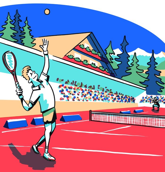 An illustration of a man playing tennis.