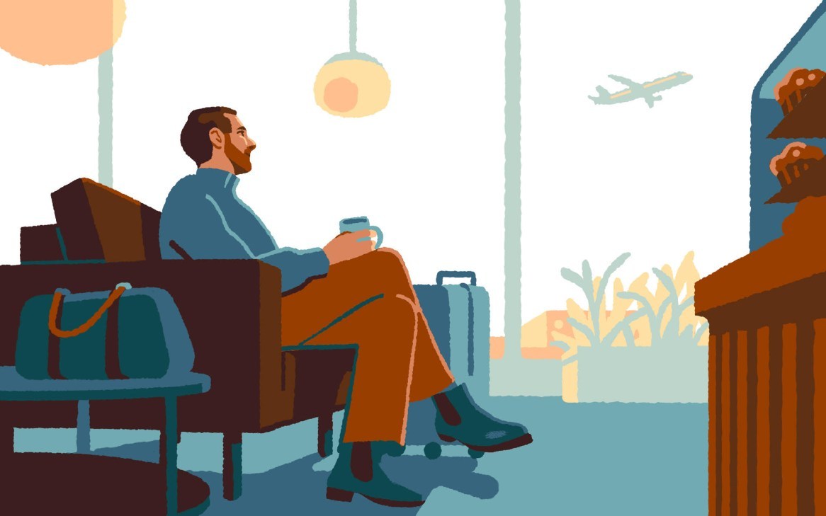 An illustration of a man in an airport lounge.