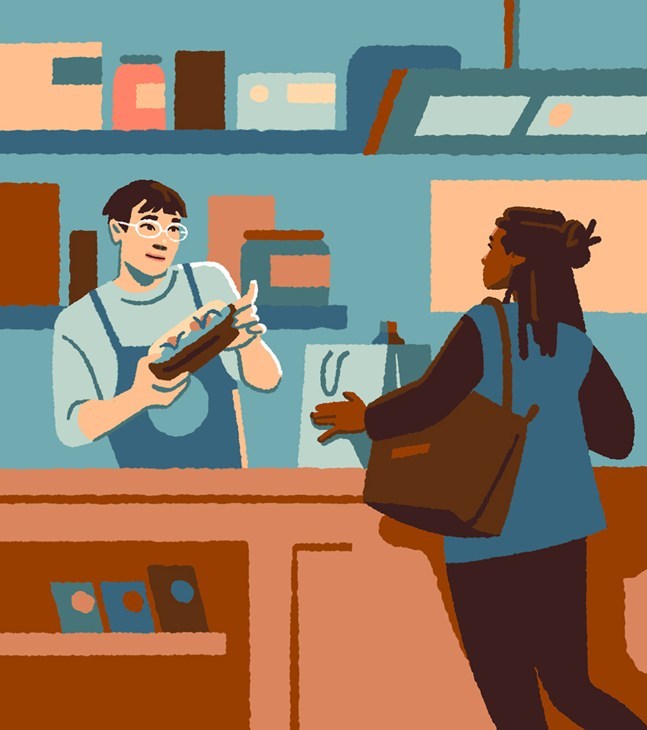 An illustration of a person purchasing food.