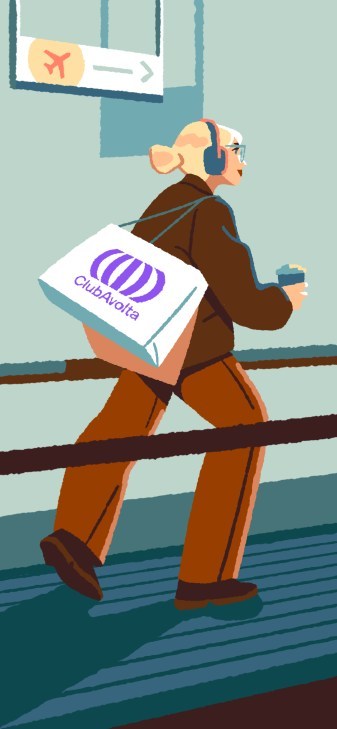 An illustration of a commuter with a Club Avolta-branded bag.