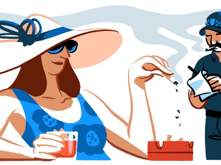 An illustration of a woman being fined for smoking a cigarette in public.