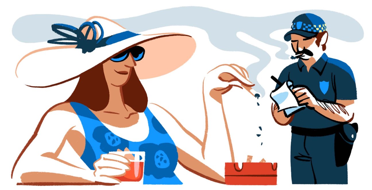 An illustration of a woman being fined for smoking a cigarette in public.