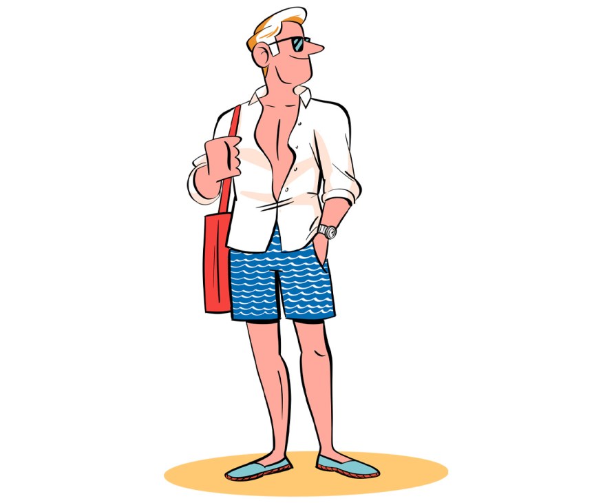 An illustration of a man wearing a shirt and swimming trunks