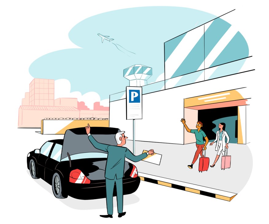 An illustration of a driver outside an airport