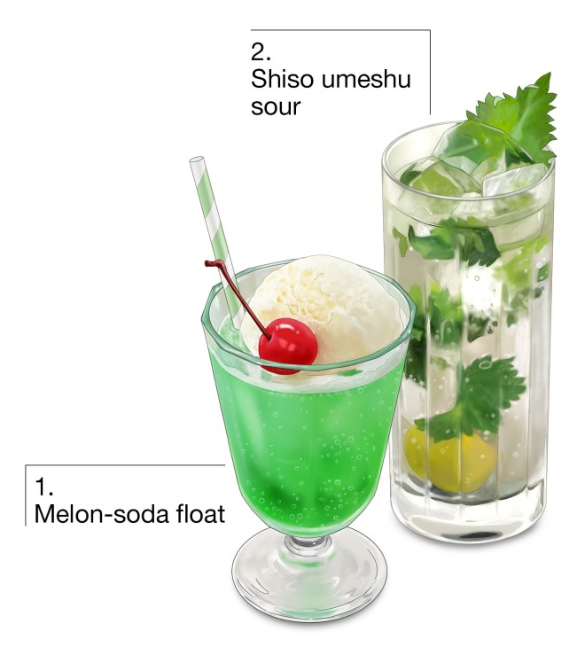 Japanese picnic menu recipes: Illustration of a melon soda float and a shiso umeshu sour
