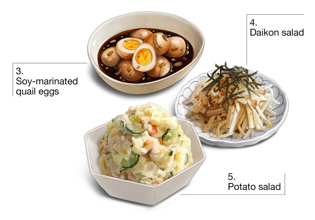 Illustrations of soy marinated quail eggs, daikon salad and potato salad