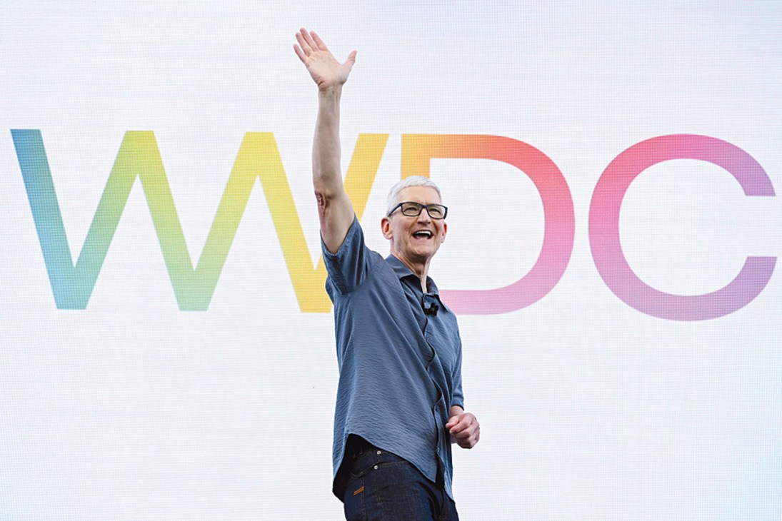 Tim Cook, chief executive officer of Apple Inc., during the Apple Worldwide Developers Conference (WWDC) at Apple Park campus in Cupertino, California, US, on Monday, June 9, 2025. Apple Inc. unveiled a new operating system interface called Liquid Glass at its annual Worldwide Developers Conference, calling it the company's broadest design update ever. Photographer: David Paul Morris/Bloomberg via Getty Images