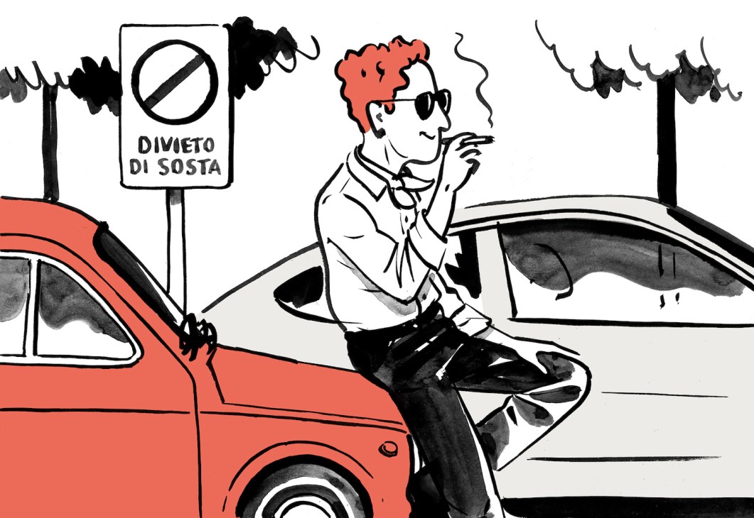 Illustration of a man in Italy smoking while double parked