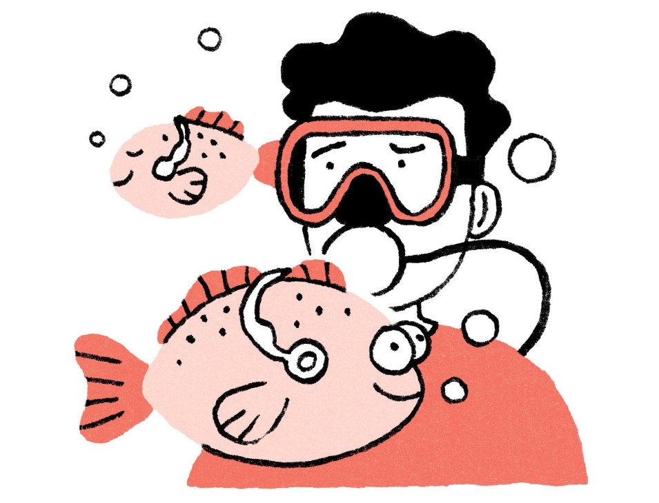 Illustration of a man underwater watching fish with headphones