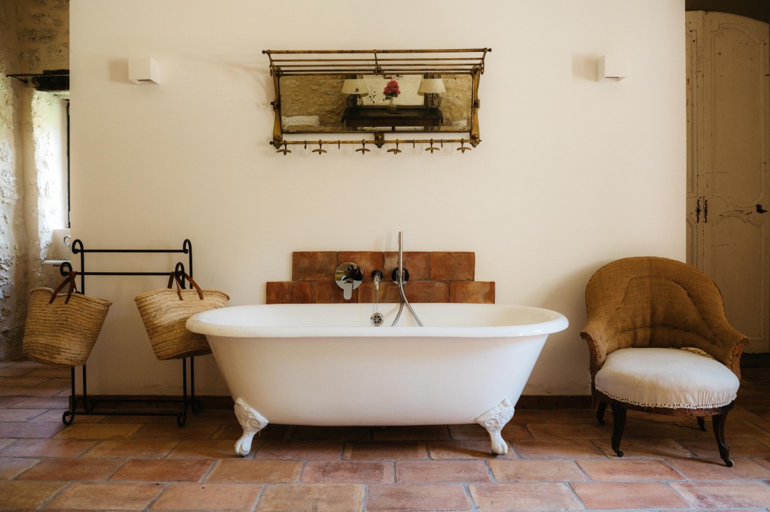A bath on tiled flooring