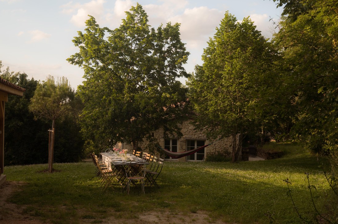 Bucolic scenery with trees and table