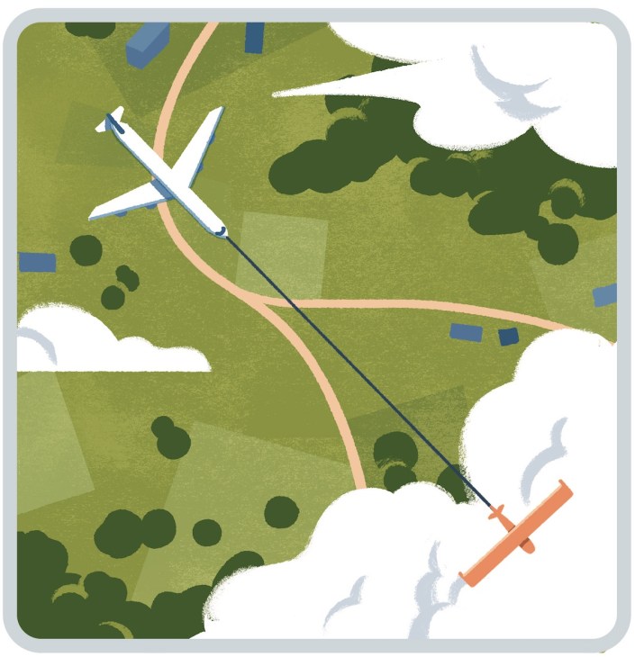 Illustration of a plane flying over green fields
