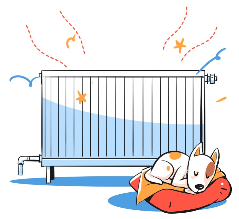 Illustration showing a dog asleep by a cot