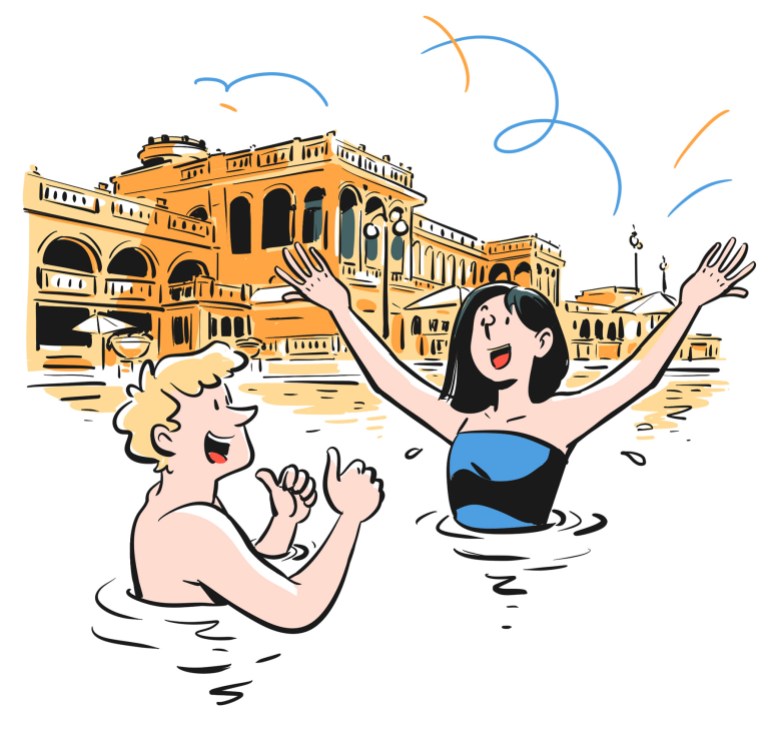 Illustration showing two people bathing in hot springs