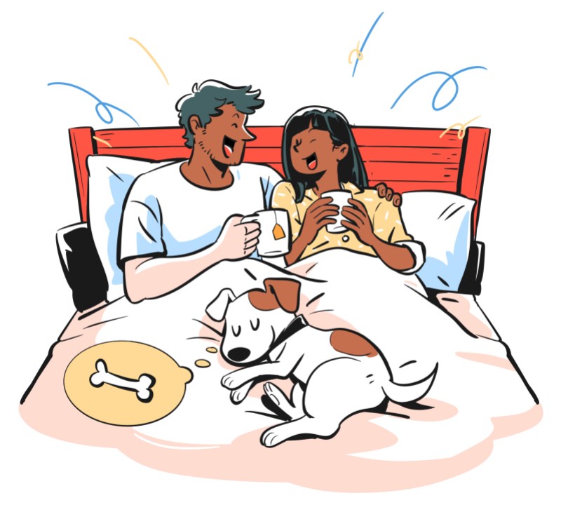 Illustration showing a couple relaxing drinking tea in bed
