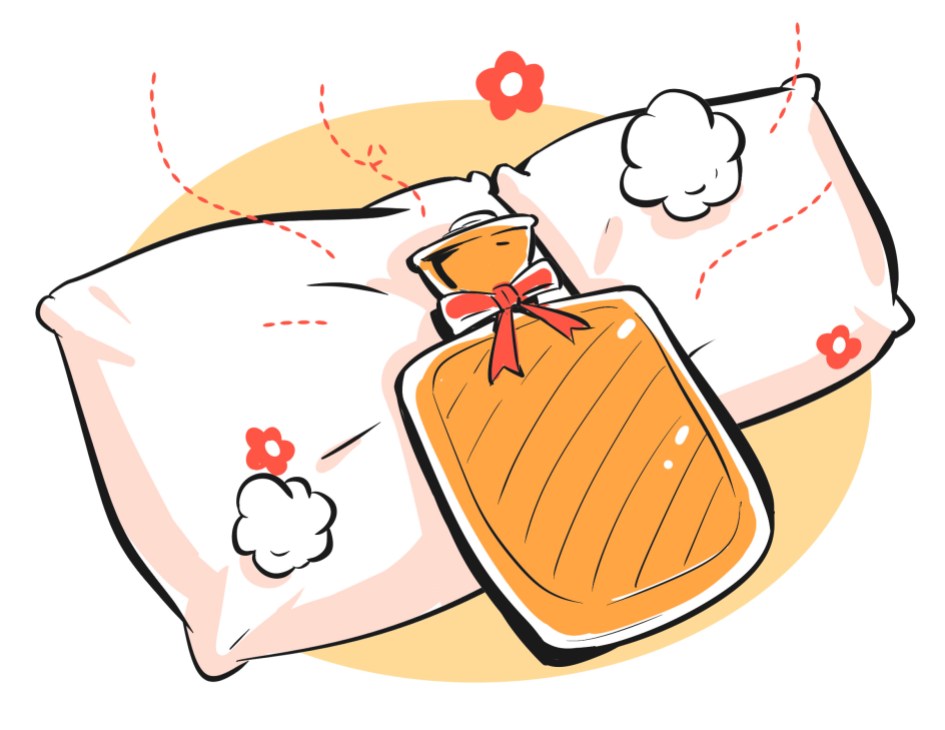 Illustration showing ahot water bottle on a pillow
