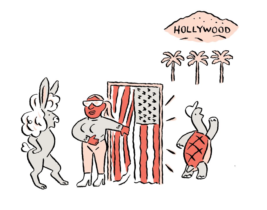 Illustration showing tortoise and rabbit passing through US flag curtains to reach Hollywood