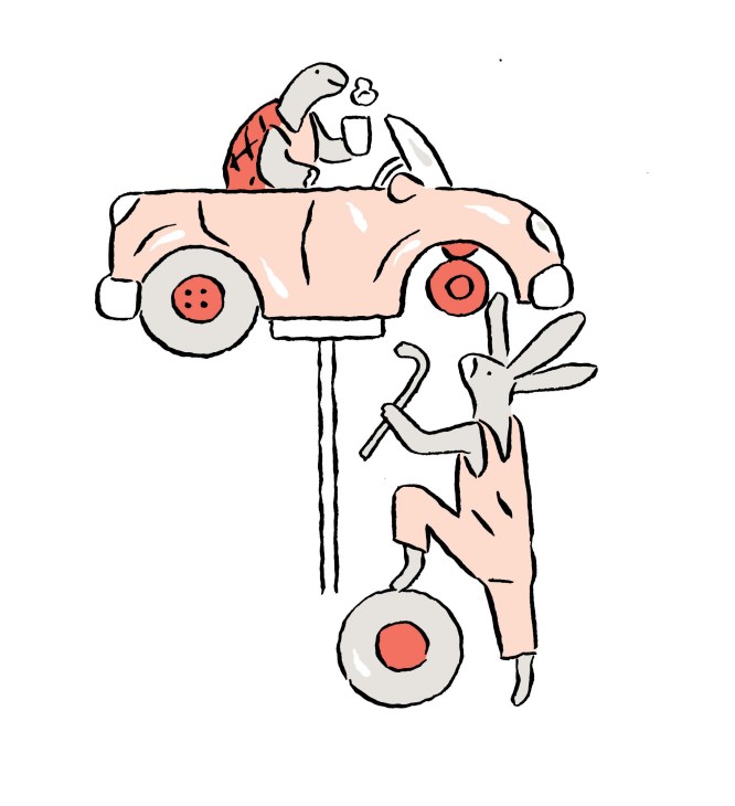 Illustration showing rabbit mechanic fixing tortoise car
