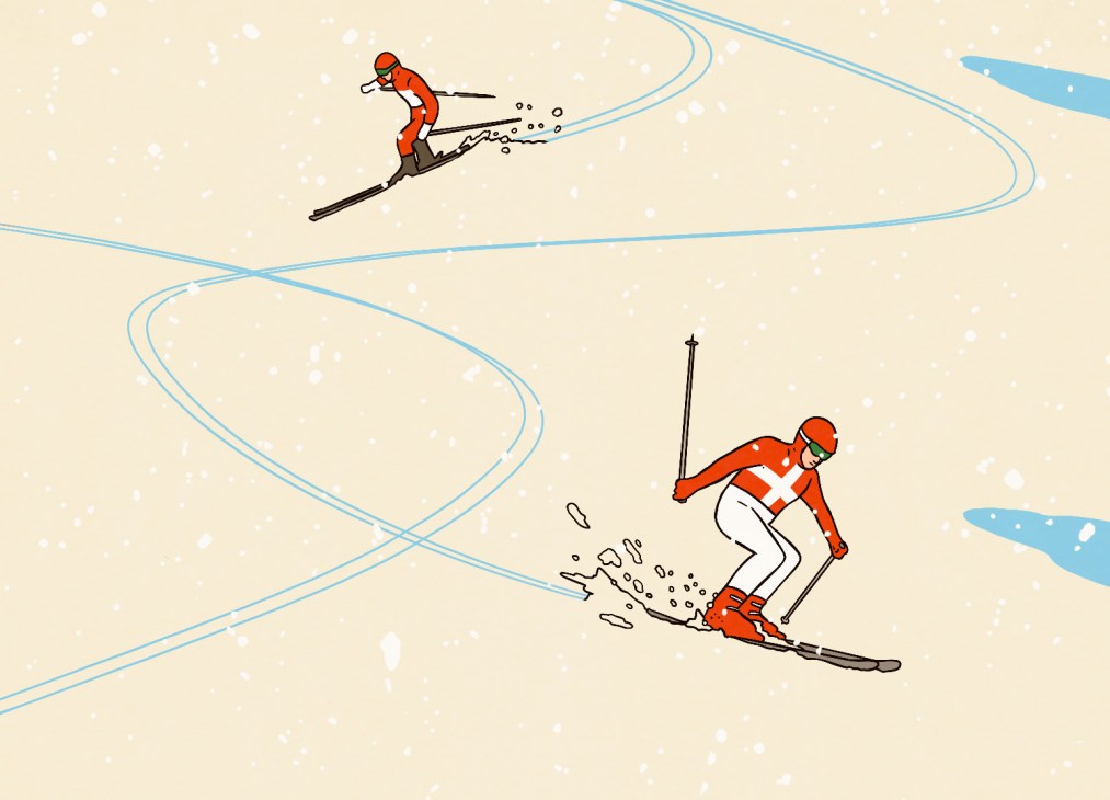 Illustrations showing two skiiers in red on a mountain