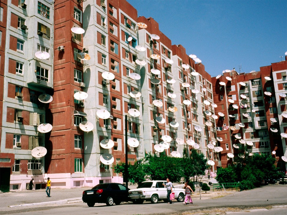 Satellite dishes outside a Soviet style apartment block in the Turkmen capital of Ashgabat