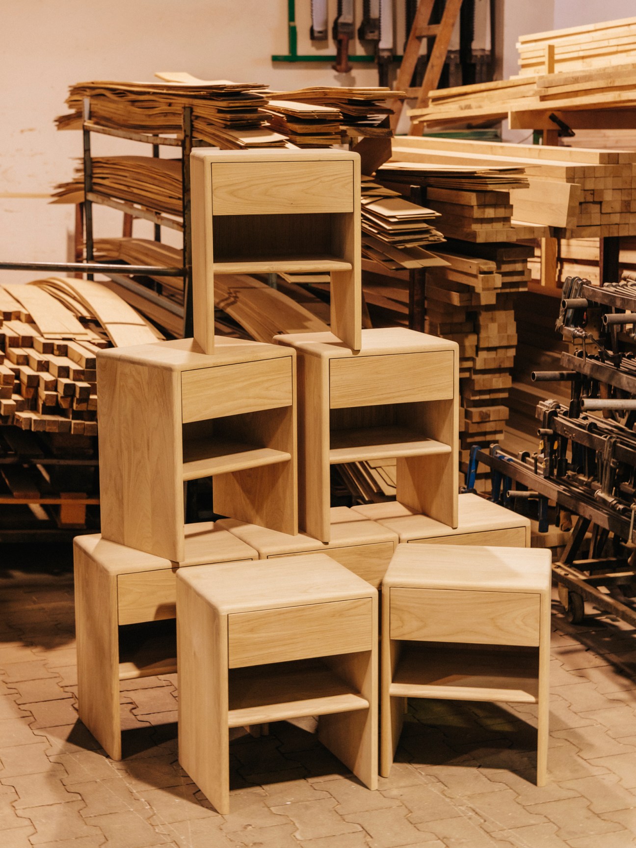 Custom wooden side tables ready for shipping