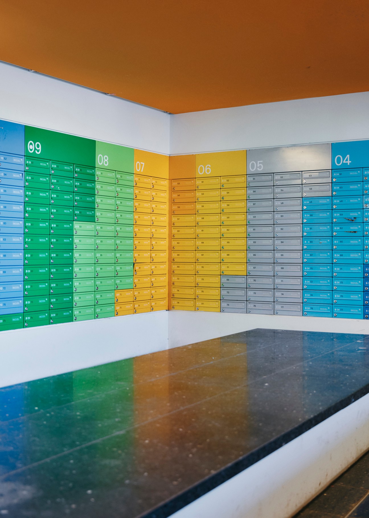 Colorful interior of student high-rise building with Otl Aicher's color scheme