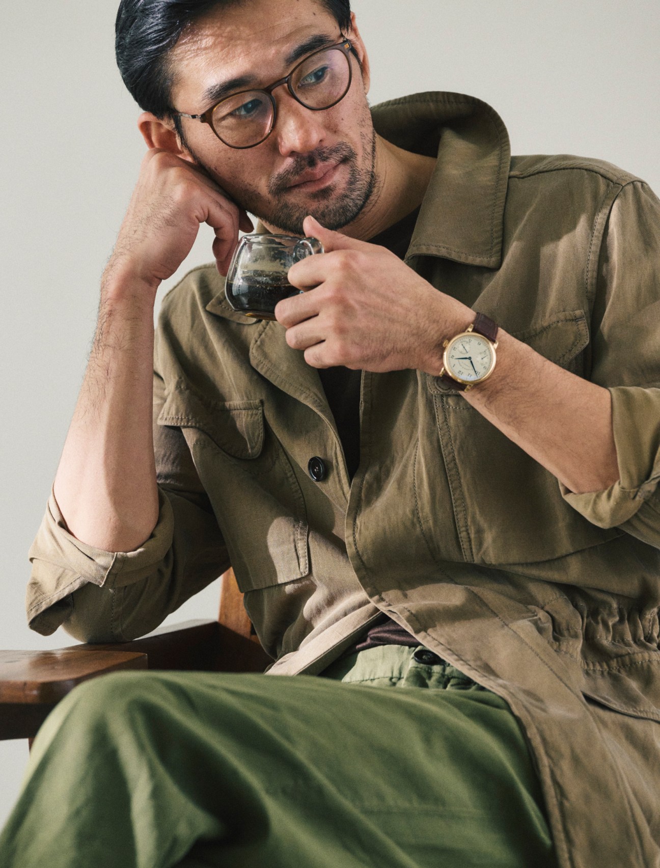 Jacket and t-shirt by Brioni, trousers by Incotex, glasses by Mykita, 1815 up/down watch by A Lange & Söhne