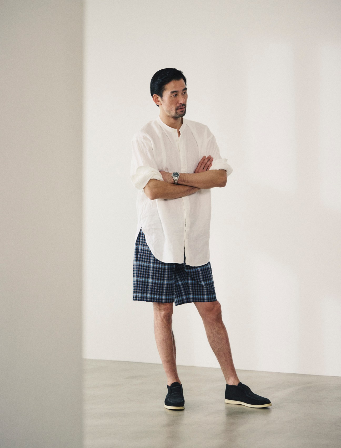 Shirt by Colon, shorts by Incotex, shoes by Loro Piana, oyster perpetual explorer 40 watch by Rolex