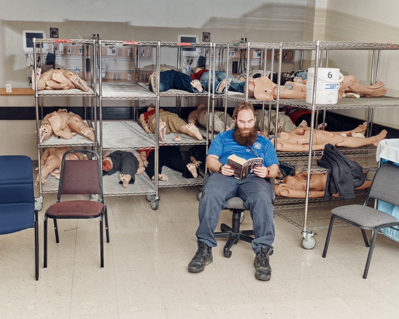 Technician on a break in the mannequin ward