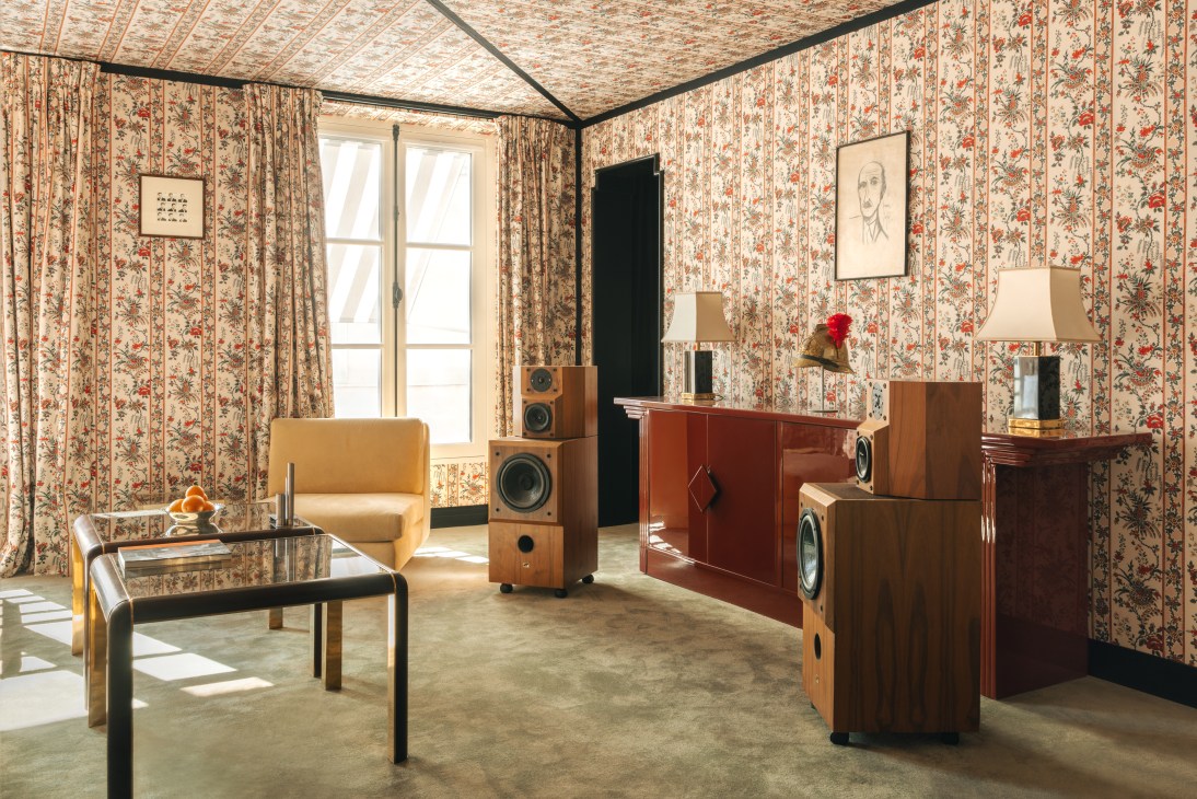 Interior with colorful textiles and vintage audio equipment