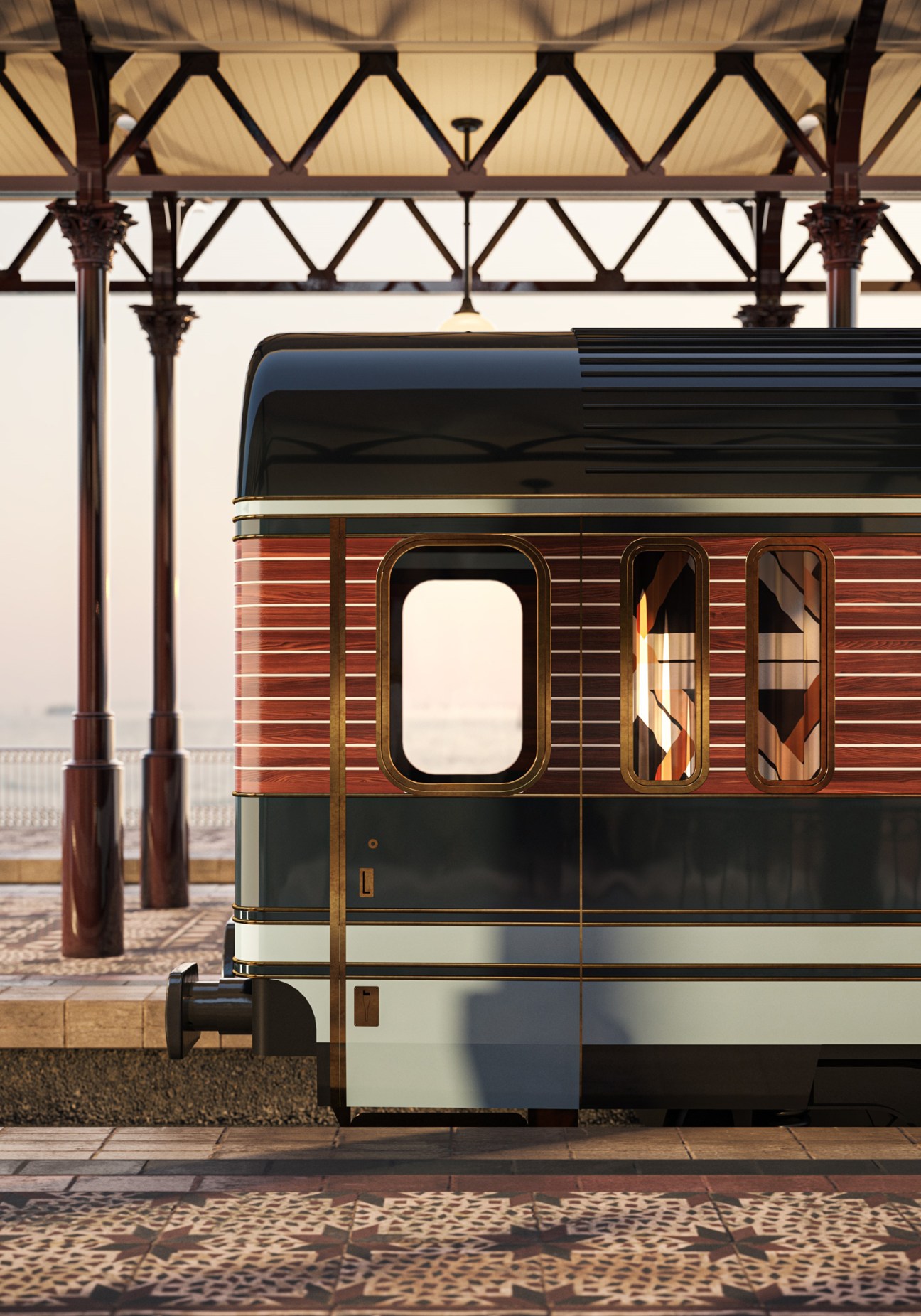Exterior render of the Orient Express La Dolce Vita train