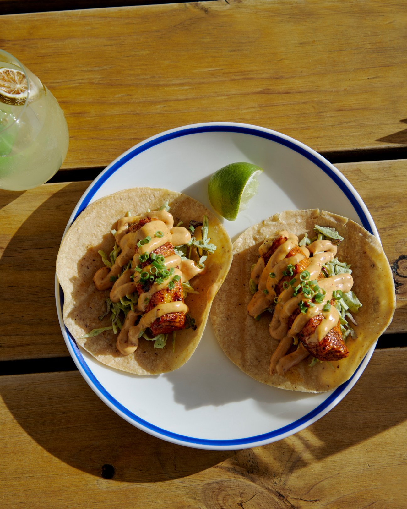 A plate with 2 Fish tacos at Gage Roads Brewery