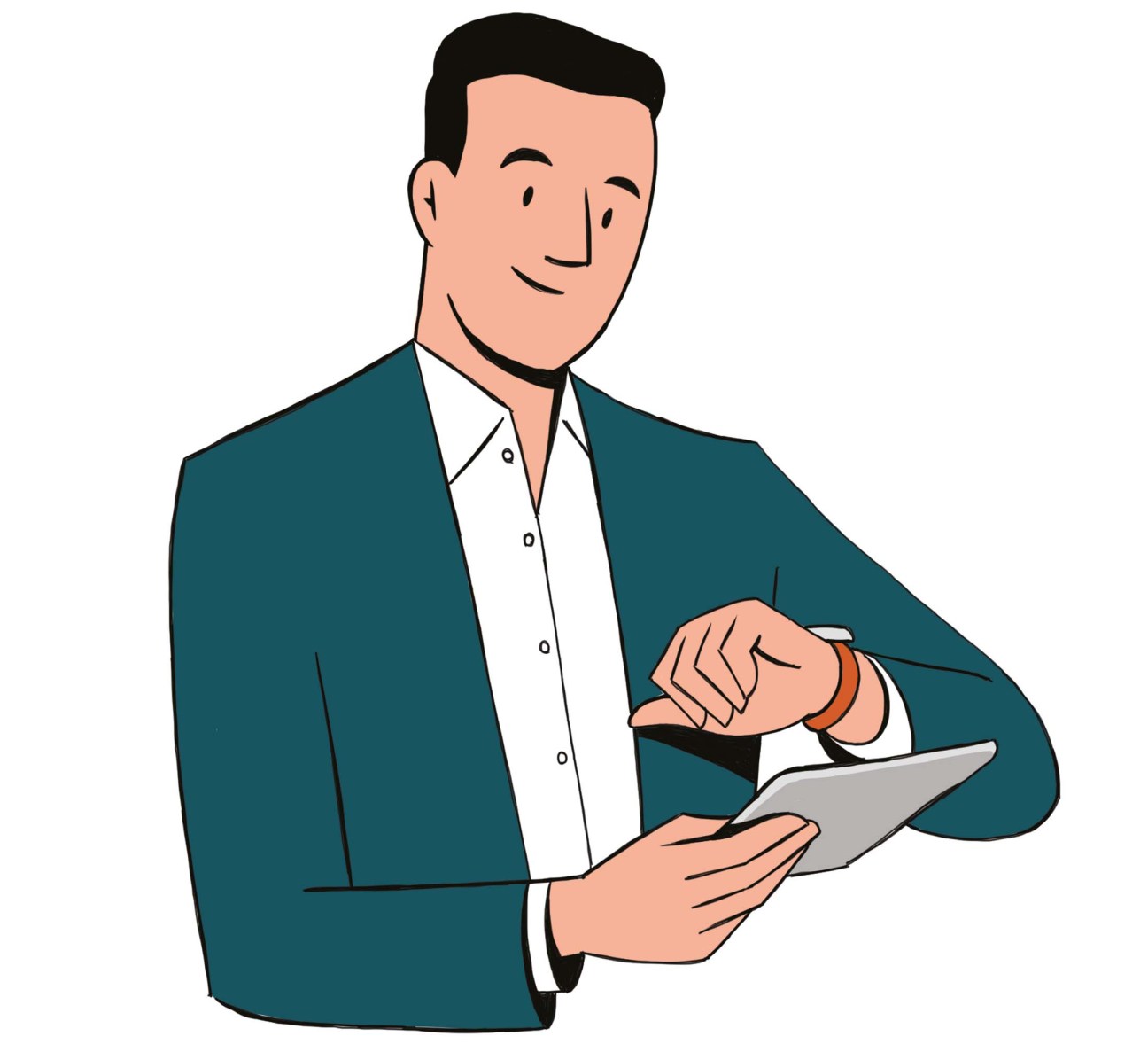 Get to the point, picture of a man holding a device and looking at his watch