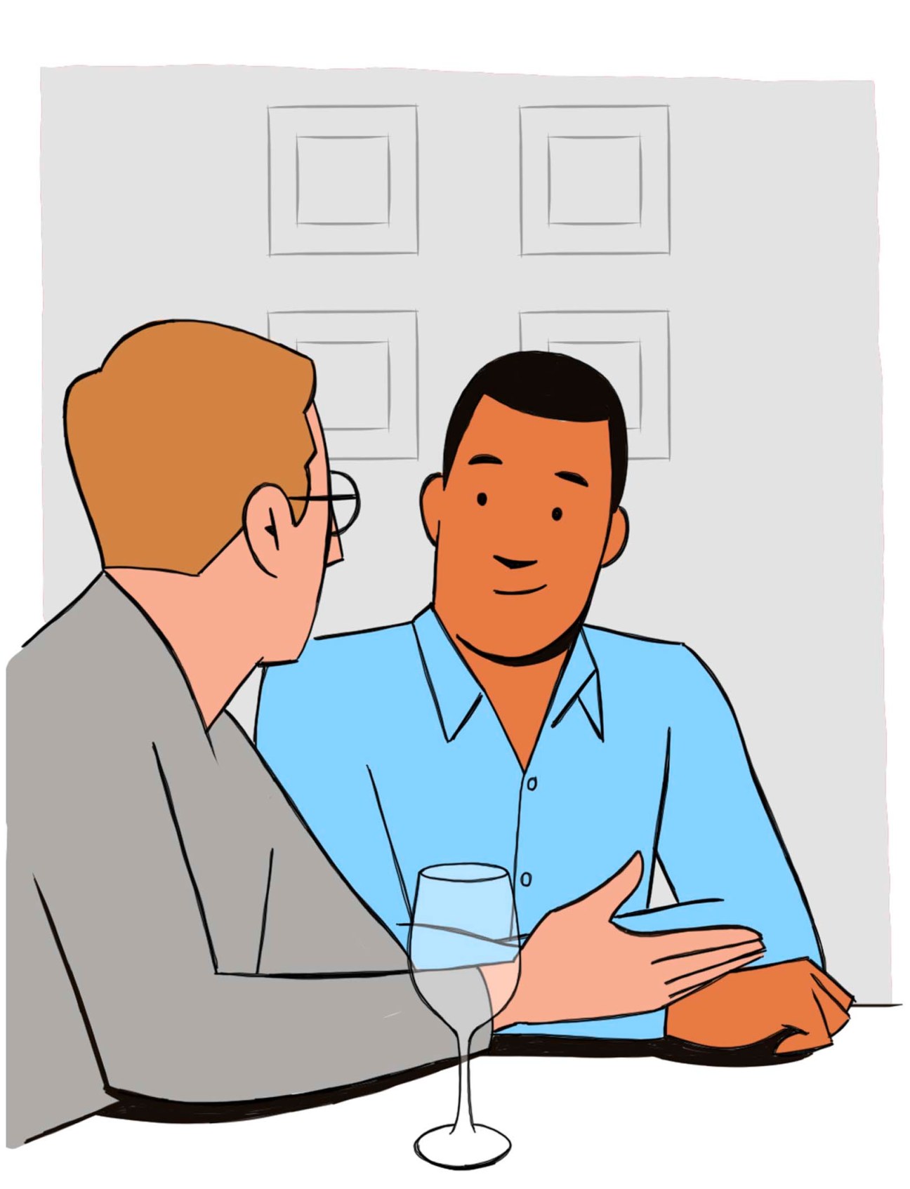Listen and learn, picture of two men chatting with an empty wine glass in front of them