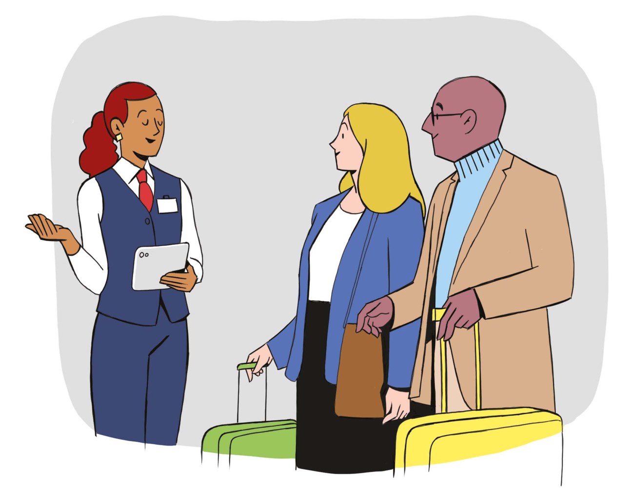 Get off to a good start, picture of a woman with a tablet welcoming a couple with suitcases
