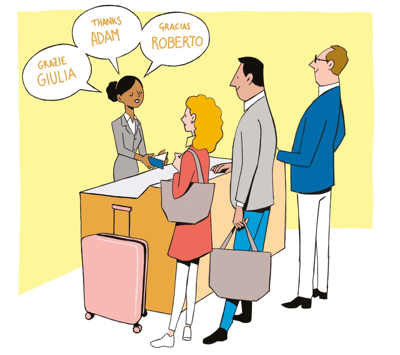 Learn people's names, woman greeting three guests in their native tongues