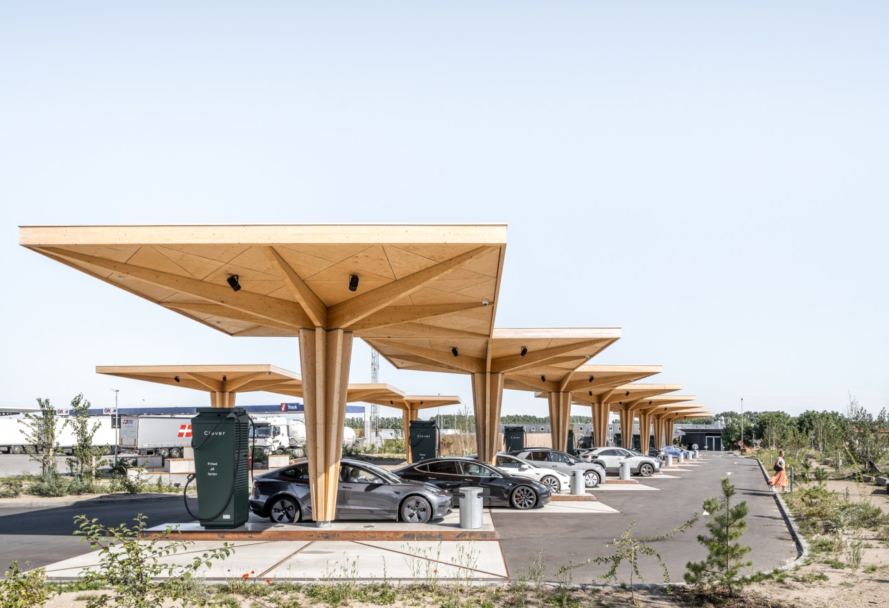 Modern timber-structured EV charging station in Køge, Denmark