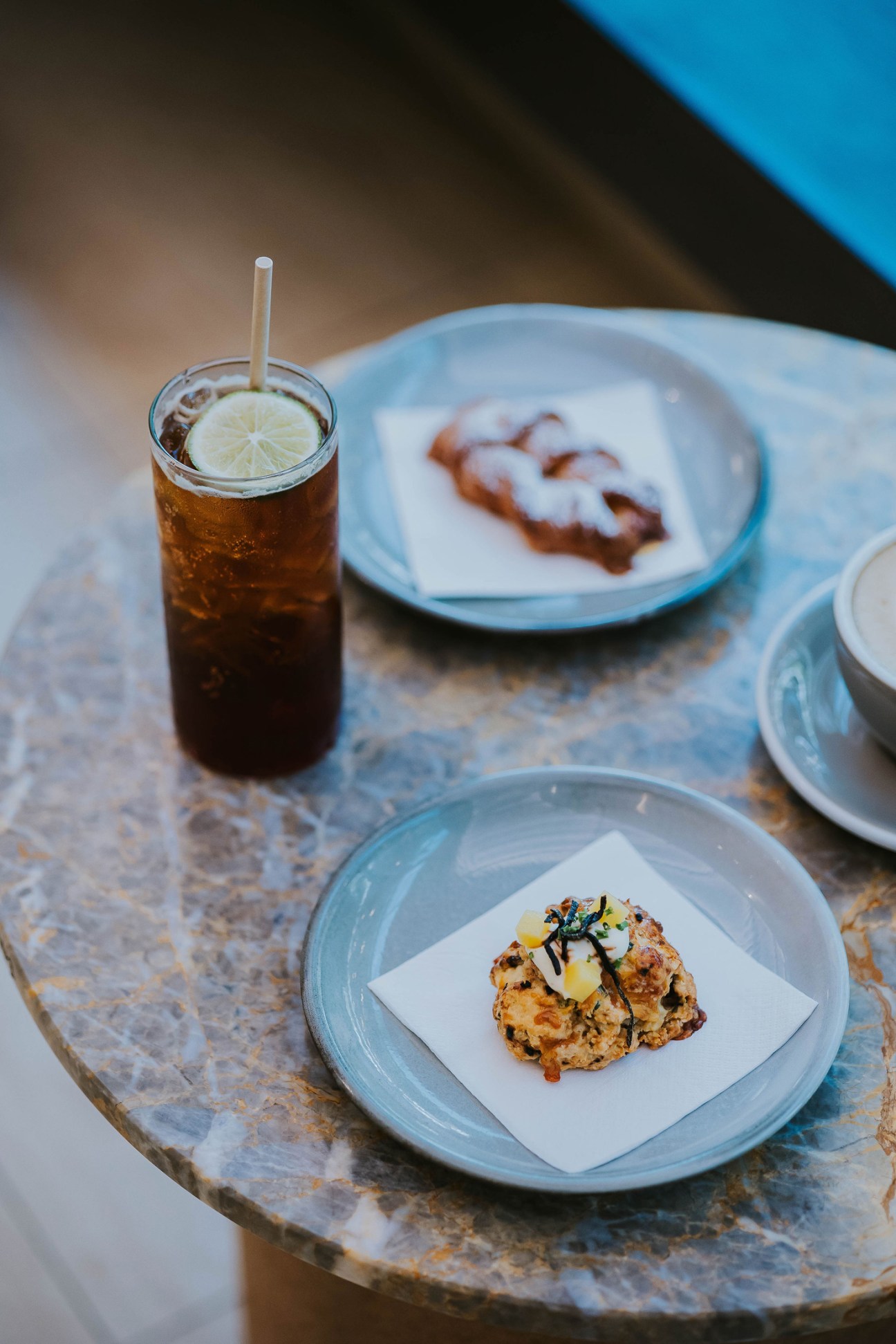 A spread of coffee and breakfast foods