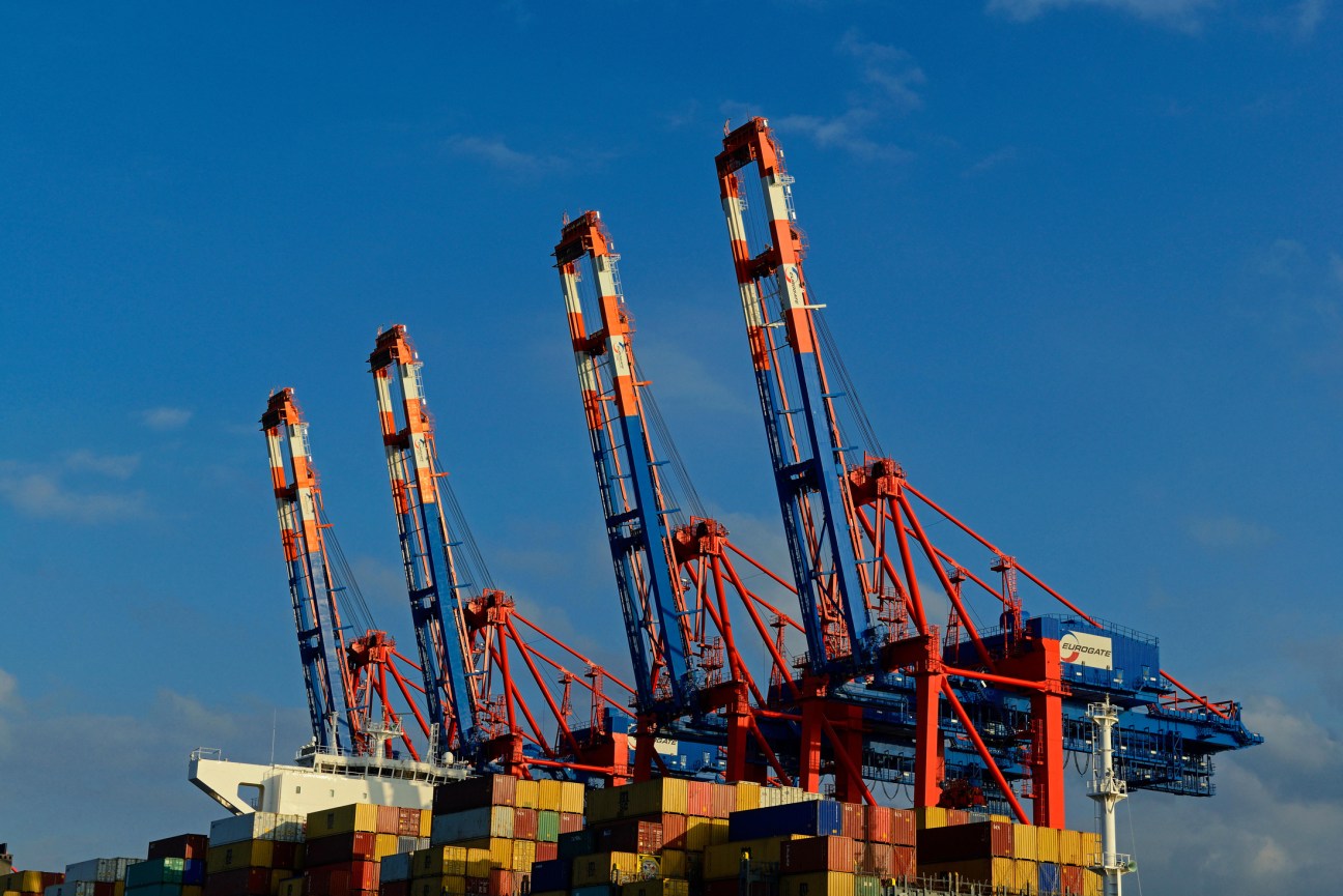 Shipping containers and cranes at a port